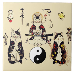 AZULEJO DE CERÂMICA  GATOS SAMURAI NO CÉREBRO,ESQUELETO,TATUAGENS DE BO
