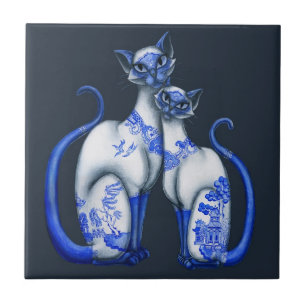 Azulejo De Cerâmica Gatos Siamese do salgueiro azul