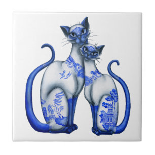 Azulejo De Cerâmica Gatos Siamese do salgueiro azul