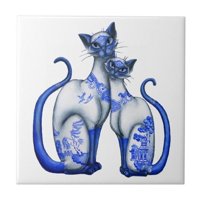 Azulejo De Cerâmica Gatos Siamese do salgueiro azul (Frente)