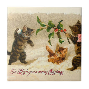 Azulejo De Cerâmica Gatos tocando nos Natais vintages de neve