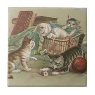 Azulejo De Cerâmica Gatos Vitorianos Antigos Brincando na Cesta de Cos