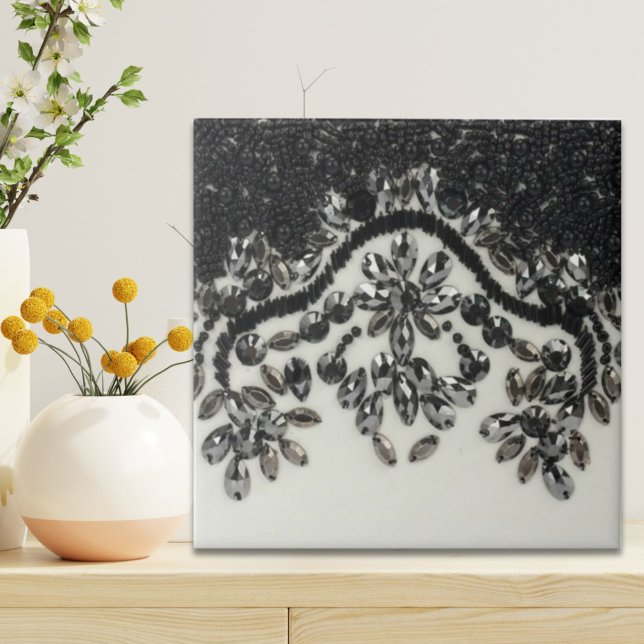 Azulejo De Cerâmica gatsby glamour chic rhinestone preto floral (Art Deco Glamorous Vintage Fashion Black White Fl Ceramic Tile)