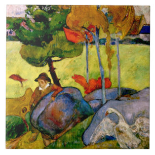Azulejo De Cerâmica Gauguin - Menino bretão em uma paisagem