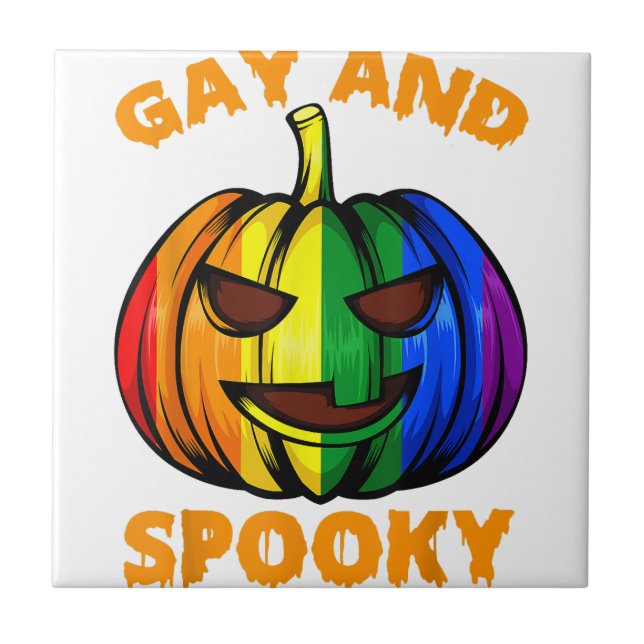 Azulejo De Cerâmica Gay e Spooky Halloween Rainbow Pumpkin LGBTQ+ Ga (Frente)