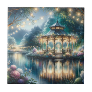 Azulejo De Cerâmica Gazebo do Jardim Encantado Reflexo do Crepúsculo