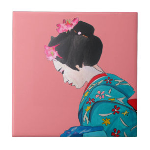 Azulejo De Cerâmica Geisha bonitinha japonesa com flor de cereja rosa