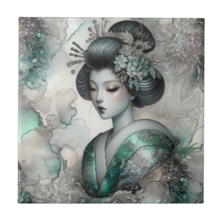 Azulejo De Cerâmica Géisha em Série de Design Verde #2