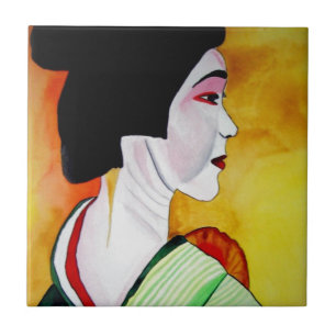 Azulejo De Cerâmica Geisha japonesa com arte original verde kimono