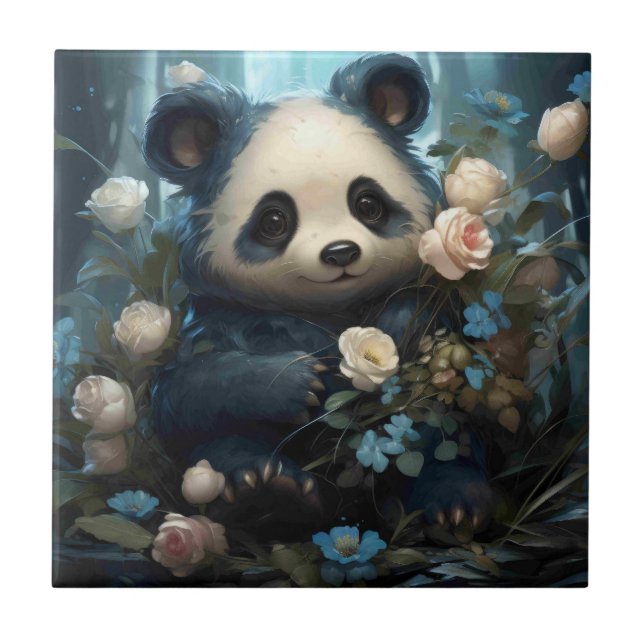 Azulejo De Cerâmica Gentil Urso Panda Entre Rosas Selvagens (Frente)