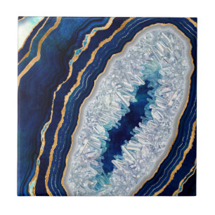 Azulejo De Cerâmica Geodo Azul Escuro e Arte Digital Dourada