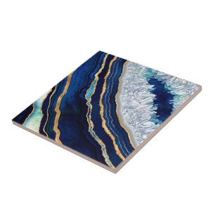 Azulejo De Cerâmica Geodo Azul Escuro e Arte Digital Dourada