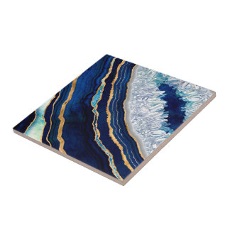 Azulejo De Cerâmica Geodo Azul Escuro e Arte Digital Dourada