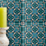 Azulejo De Cerâmica Geometria Simétrica Simétrica De Coral Azul Teal<br><div class="desc">Esse azulejo cerâmico é uma peça de arte cativante, gabando um intrincado padrão geométrico que imediatamente desenhar o olho. O design é simétrico e apresenta uma mistura harmoniosa de tons, azuis escuros e matizes corais, criando um elegante efeito caleidoscópio. O padrão é composto por formas e quadrados meticulosamente trabalhados em...</div>