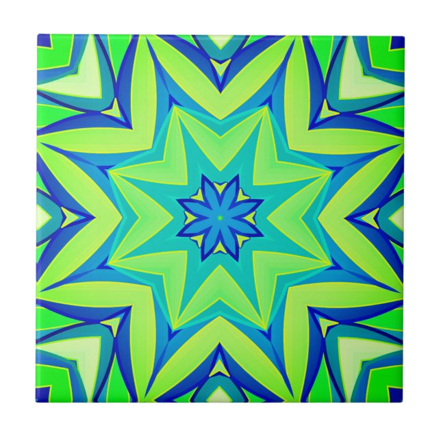 Azulejo De Cerâmica Geométrico abstrato Star - Verde limão e Azul (Frente)