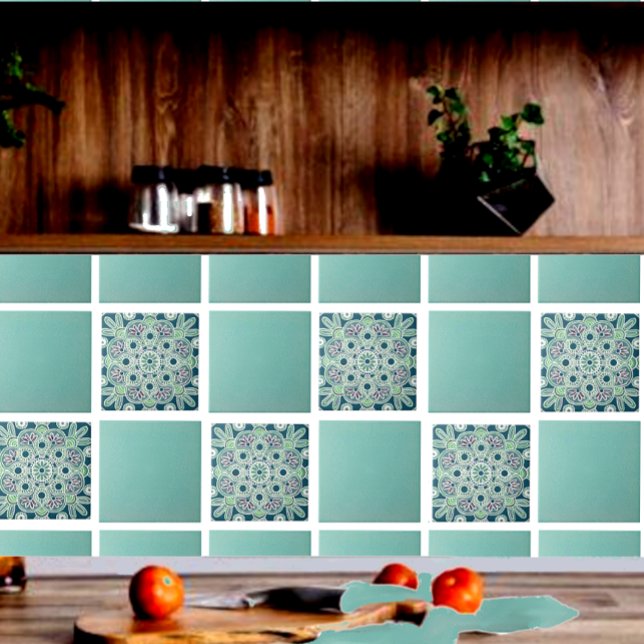 Azulejo de cerâmica Geométrico com verde-claro e l (Green geometric tile shown on a kitchen backsplash with  green field tiles.)