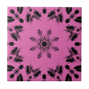 Azulejo De Cerâmica Geométrico geométrico das flores pretas de fuchsia