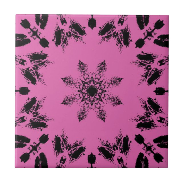 Azulejo De Cerâmica Geométrico geométrico das flores pretas de fuchsia (Frente)