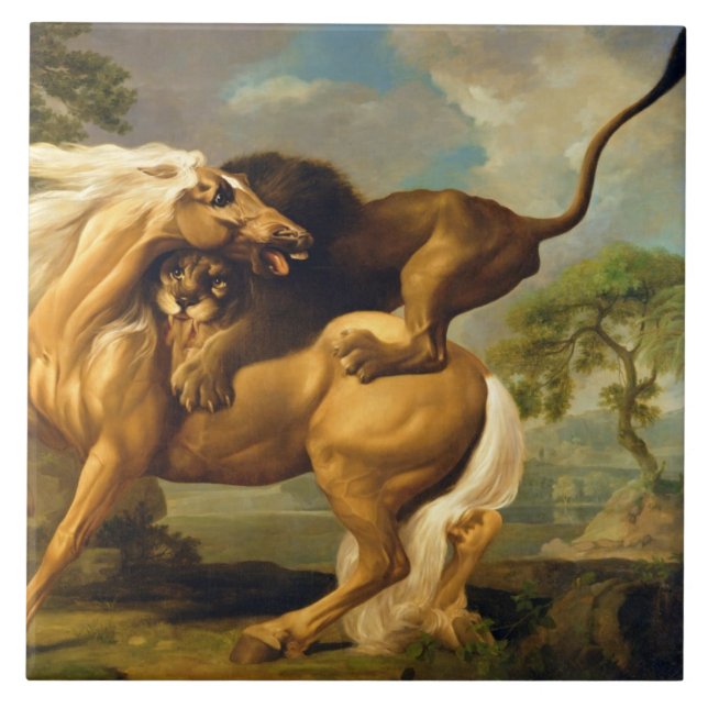 Azulejo De Cerâmica George Stubbs | um leão que ataca um cavalo, (Frente)