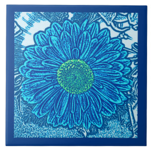 Azulejo De Cerâmica Gerbera Daisy Block Impressão, Cerulean e Indigo