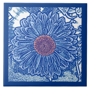 Azulejo De Cerâmica Gerbera Daisy Block Impressão, Cobalt e Sky Blue