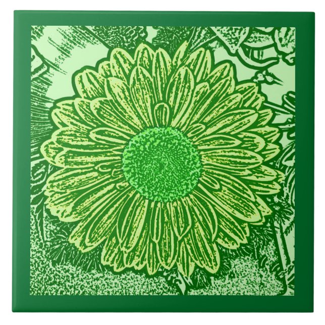 Azulejo De Cerâmica Gerbera Daisy Block Impressão, Emerald e Verde lim (Frente)