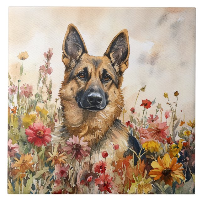 Azulejo De Cerâmica German Shepherd Among Vibrant Wildflowers (Frente)