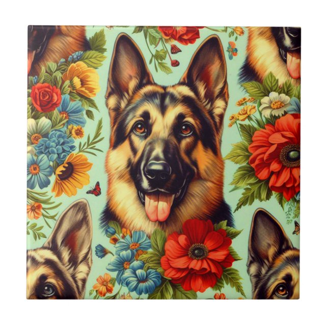 Azulejo De Cerâmica German shepherd Vintage Floral (Frente)