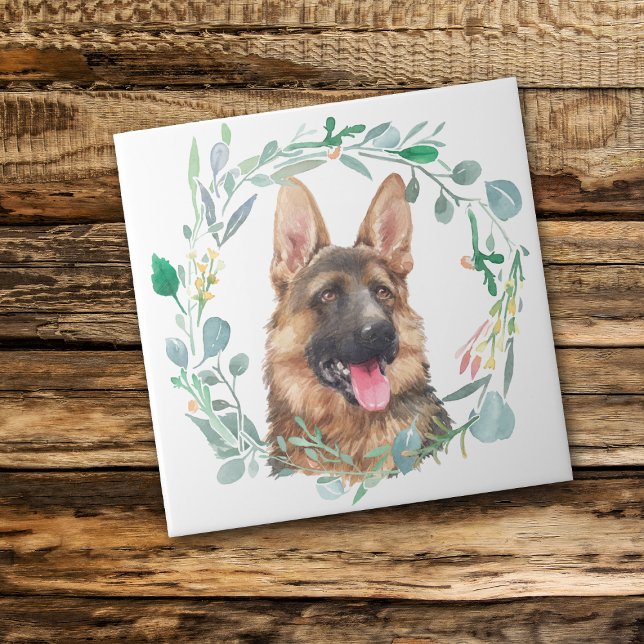 Azulejo De Cerâmica German shepherd Watercolor Wreath Cerâmica Azulejo (Criador carregado)