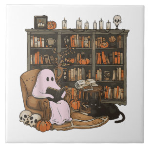 Azulejo De Cerâmica Ghost Reading Book Cat lover Halloween