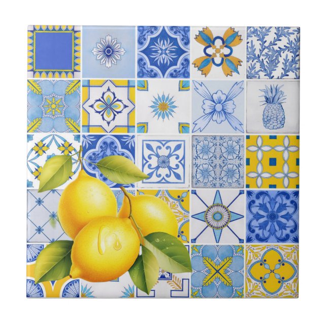 Azulejo De Cerâmica Gift de Bridesmaid de Lemon, Padrão Azul Italiano (Frente)