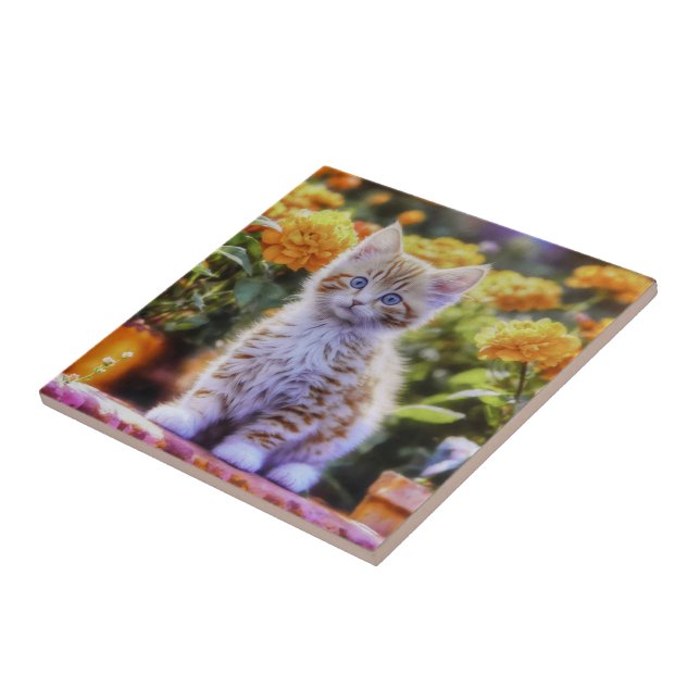 Azulejo De Cerâmica Ginger Kitten em um Jardim Flor (Lateral)