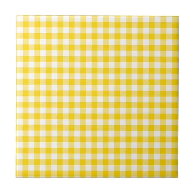 Azulejo De Cerâmica Gingham Amarelo e Branco verifica padrão quadrado (Frente)