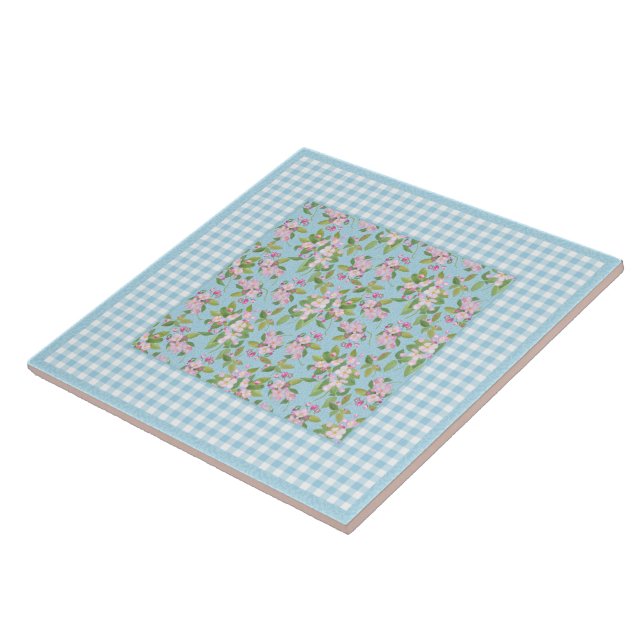 Azulejo De Cerâmica Gingham Branco Azul, Flor de Maçã Rosa em Azul (Lateral)