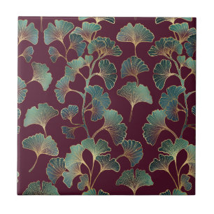 Azulejo De Cerâmica Ginkgo Teal Refined com Acentos Dourados