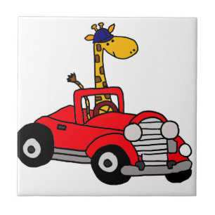 Azulejo De Cerâmica Girafa Funky que conduz o Convertible vermelho