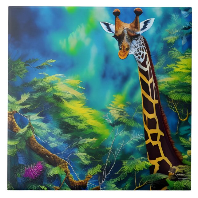 Azulejo De Cerâmica Girafa nas árvores (Frente)