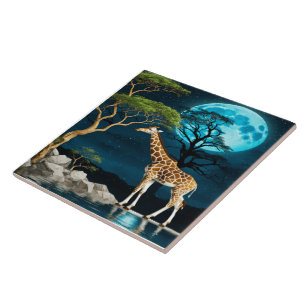Azulejo De Cerâmica Girafa perto do lago em plena lua