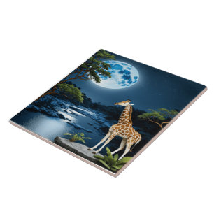 Azulejo De Cerâmica Girafa Por Moonlit River Sob Starlit Sky