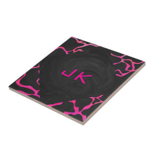 Azulejo De Cerâmica Girafa, rosa quente e Impressão preto