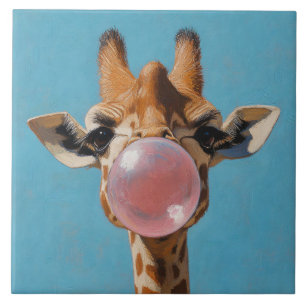 Azulejo De Cerâmica Girafa soprando bolha de chiclete rosa