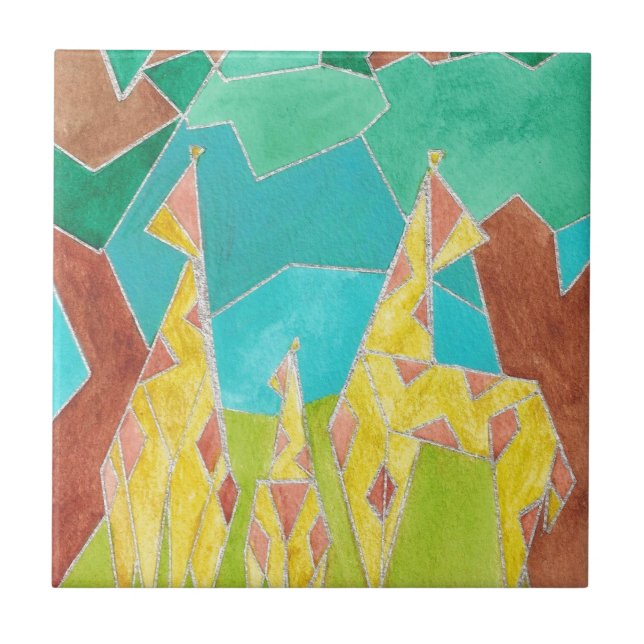 Azulejo De Cerâmica Giraffe Family Original Abstract Art (Frente)