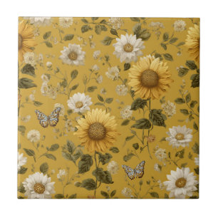Azulejo De Cerâmica Girassóis e Borboletas no Fundo Amarelo 1