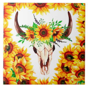 Azulejo De Cerâmica Girassóis e Caveira Touro