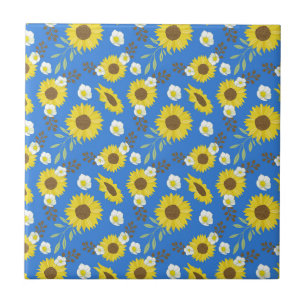 Azulejo De Cerâmica Girassol Amarelo Flor Floral Fundo Azul