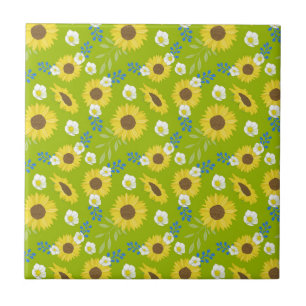 Azulejo De Cerâmica Girassol Amarelo Flor Floral Fundo Verde