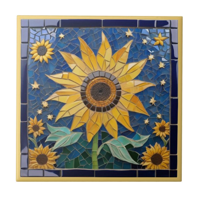 Azulejo De Cerâmica Girassol Faux Mosaico Amarelo Sol Marinho Azul (Frente)