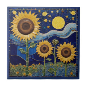 Azulejo De Cerâmica Girassol Faux Mosaico Amarelo Sol Marinho Azul