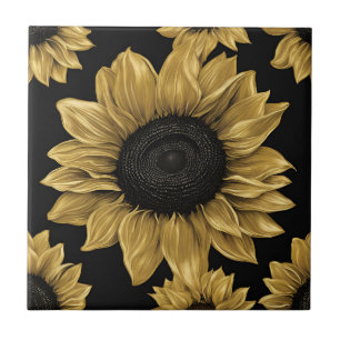 Azulejo De Cerâmica Girassol Ousado Dourado em Preto