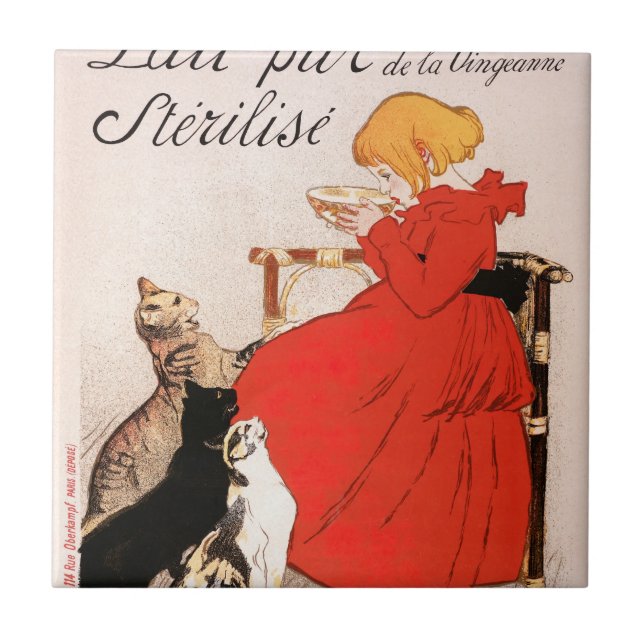 Azulejo De Cerâmica Girl in Red Dress Drinking Milk Steinlen Poster (Frente)